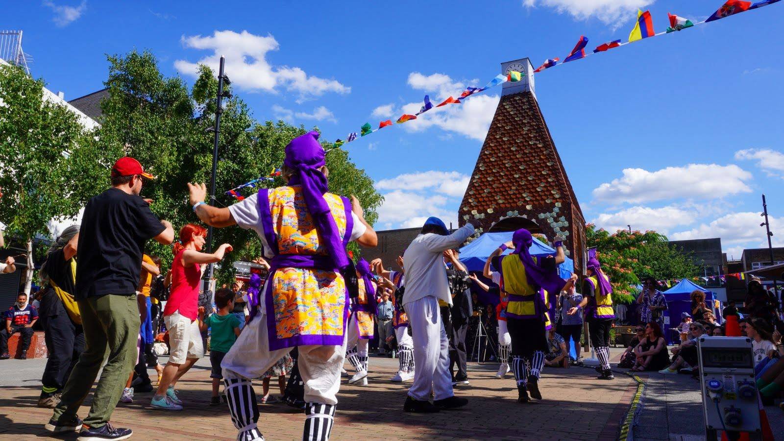 Eisa dancing in a marketplace